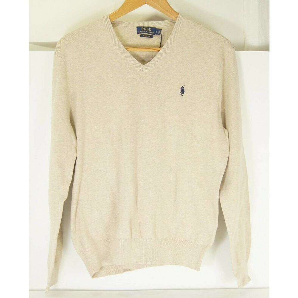 Ralph Lauren Cotton Sweater V Neck Beige Mens L